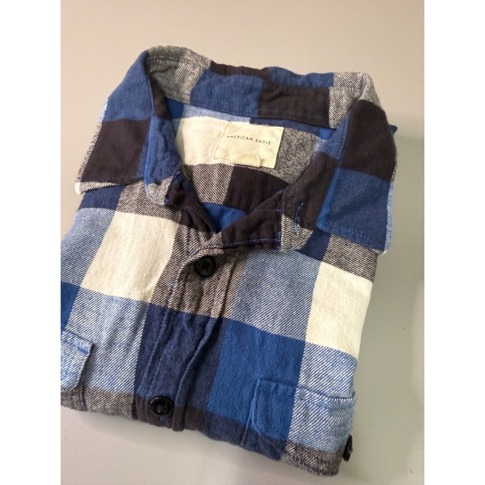 American Eagle Mens Blue Black Plaid Cotton Flannel Button Down Shirt Large